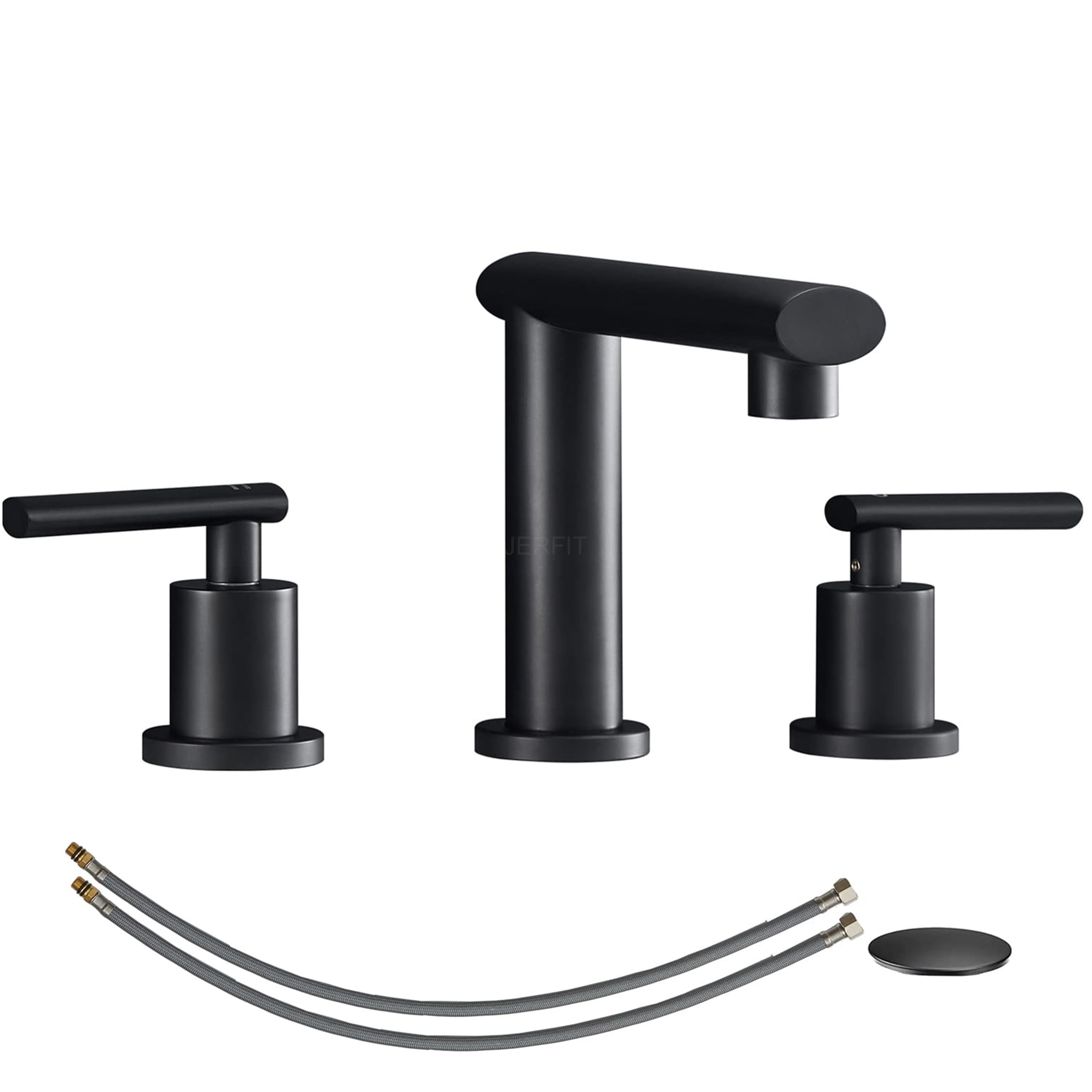 JERFIT 8-inch Widespread Bathroom Faucet Matte Black, 2-Handle Modern Waterfall Vanity Sink Faucet with Pop-Up Drain & Lead-Free Hoses