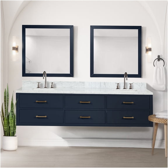 JERFIT 80 Inch Blue Double Sink Bathroom Vanity Set with Carrara Marble Top, Chrome Faucet & Wall Mirrors, Complete Assembled Modern Bath Vanity for Master Bath