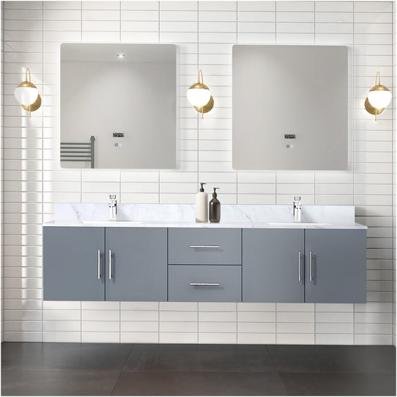 JERFIT 80 Inch Double Sink Bathroom Vanity Set with Carrara Marble Top, LED Mirrors & Chrome Faucet, Dark Grey Modern Bath Vanity for Master Bath