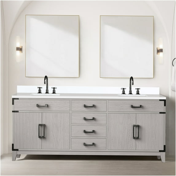 JERFIT 80 Inch White Oak Bathroom Vanity Set with White Quartz ...