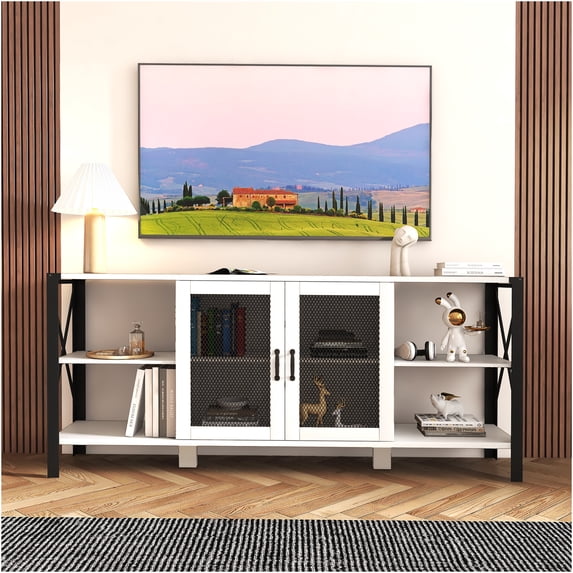 JERFIT 80 inch Industrial Farmhouse TV Stand with Storage, White Entertainment Center for Living Room, Modern Wood & Metal TV Console for up to 80 inch TVs