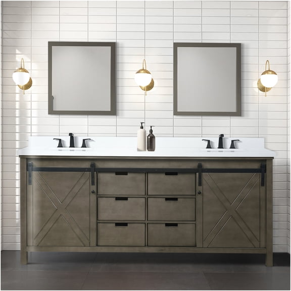 JERFIT 80 inch Rustic Brown Double Sink Bathroom Vanity with Marble Top, Soft Close Cabinets & Drawers, Solid Wood Frame