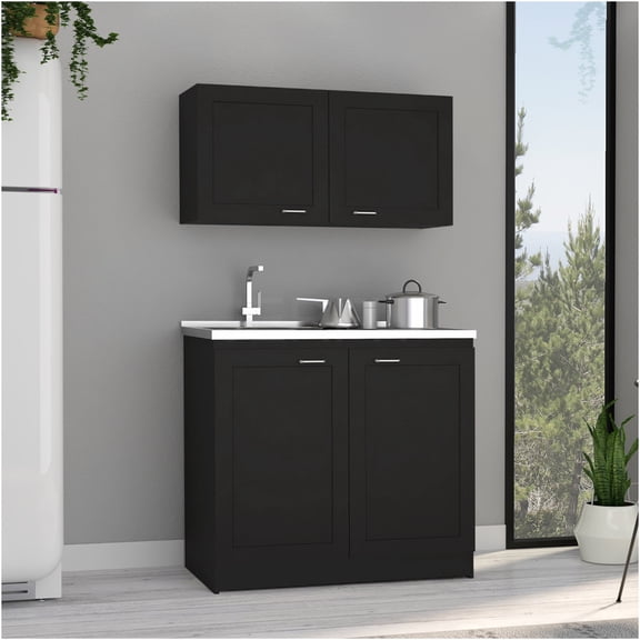 JERFIT 80cm Wide 2-Tier Kitchen Storage Cabinet with Countertop, Black Finish, Particle Board Shelf Organizer for Living Room, Dining Room, Bedroom