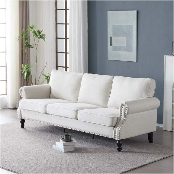JERFIT 83" Beige Fabric Sofa with Nailhead Trim, Traditional Rolled Arm 3 Seater Couch for Living Room, Deep Seat Comfort