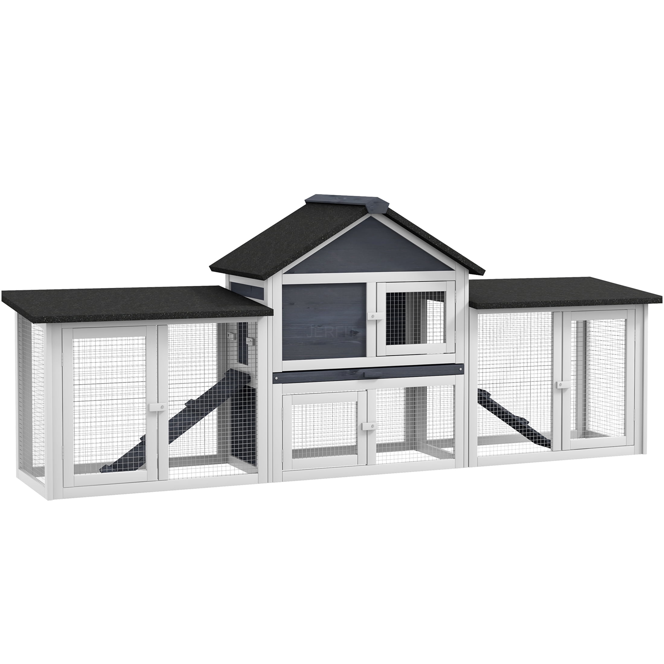 JERFIT 83 Inch Large Outdoor Rabbit Hutch with Double Runs, Weatherproof Wooden Bunny Cage Indoor Outdoor Use, Removable Tray, Gray