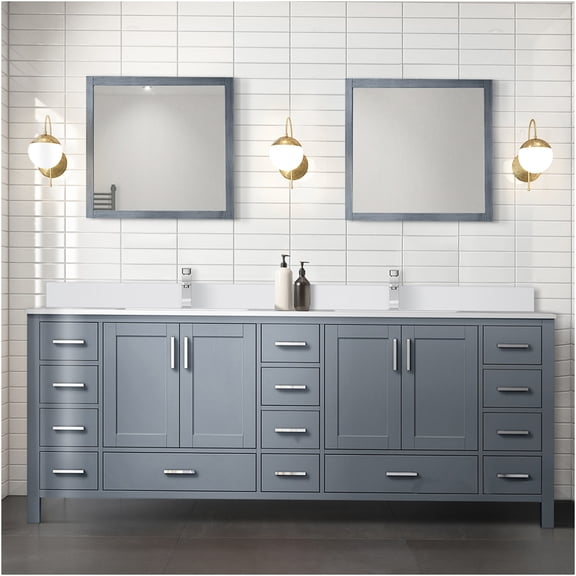 JERFIT 84 Inch Double Sink Bathroom Vanity Set with Marble Top, Chrome Faucet & Mirror, Dark Grey Modern Storage Cabinet