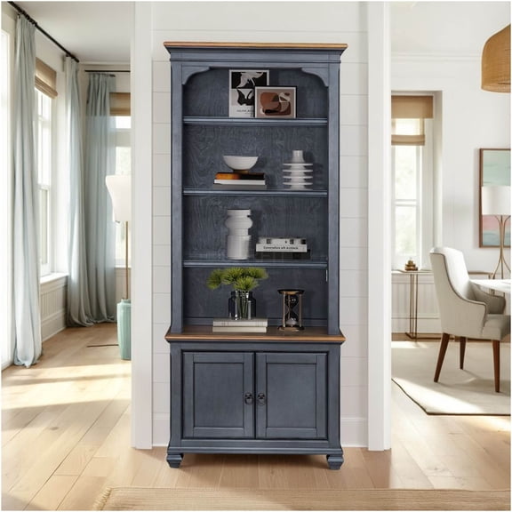 JERFIT 84 Inch Rustic Blue Bookshelf with Doors, Fully Assembled Bookcase Cabinet for Living Room, Home Office Storage Organizer