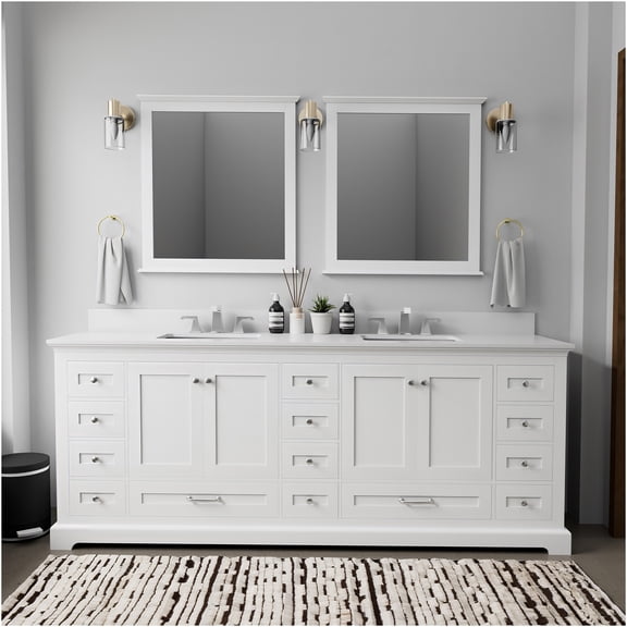 JERFIT 84 Inch White Double Sink Bathroom Vanity Set with Quartz Countertop and Storage