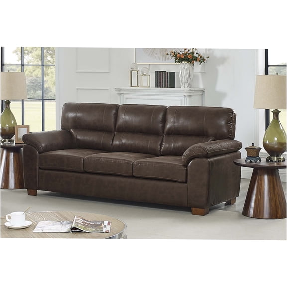 JERFIT 84" Vintage Tufted Sofa Couch, 3-Seater Leather Loveseat with Rolled Arms and Wooden Legs for Living Room, Dark Brown