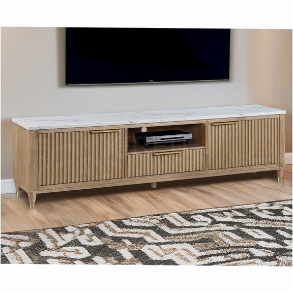 JERFIT 84 inch Modern TV Stand Console with White Faux Marble Top, Fluted Wood Doors & Brass Accents for Living Room