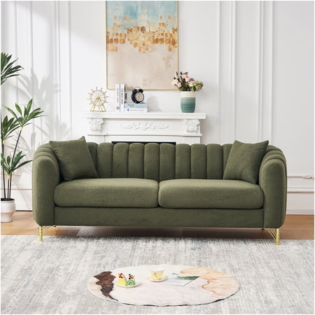 JERFIT 85" Modern Chenille Sofa 3 Seater with Gold Metal Legs, Oversized Deep Tufted Couch for Living Room, Apartment, Green