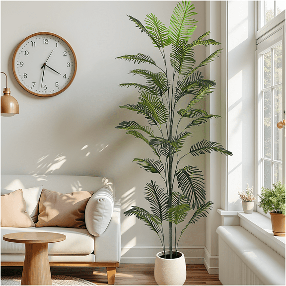 JERFIT 86 Inch Artificial Palm Tree Potted Faux Plant, Realistic Green Polyester Leaves, PE Trunk, Black Plastic Planter for Indoor Outdoor Tropical Decor