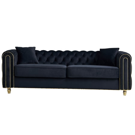 JERFIT 86" Modern Velvet Tufted Sofa Couch with Gold Legs and Pillows for Living Room