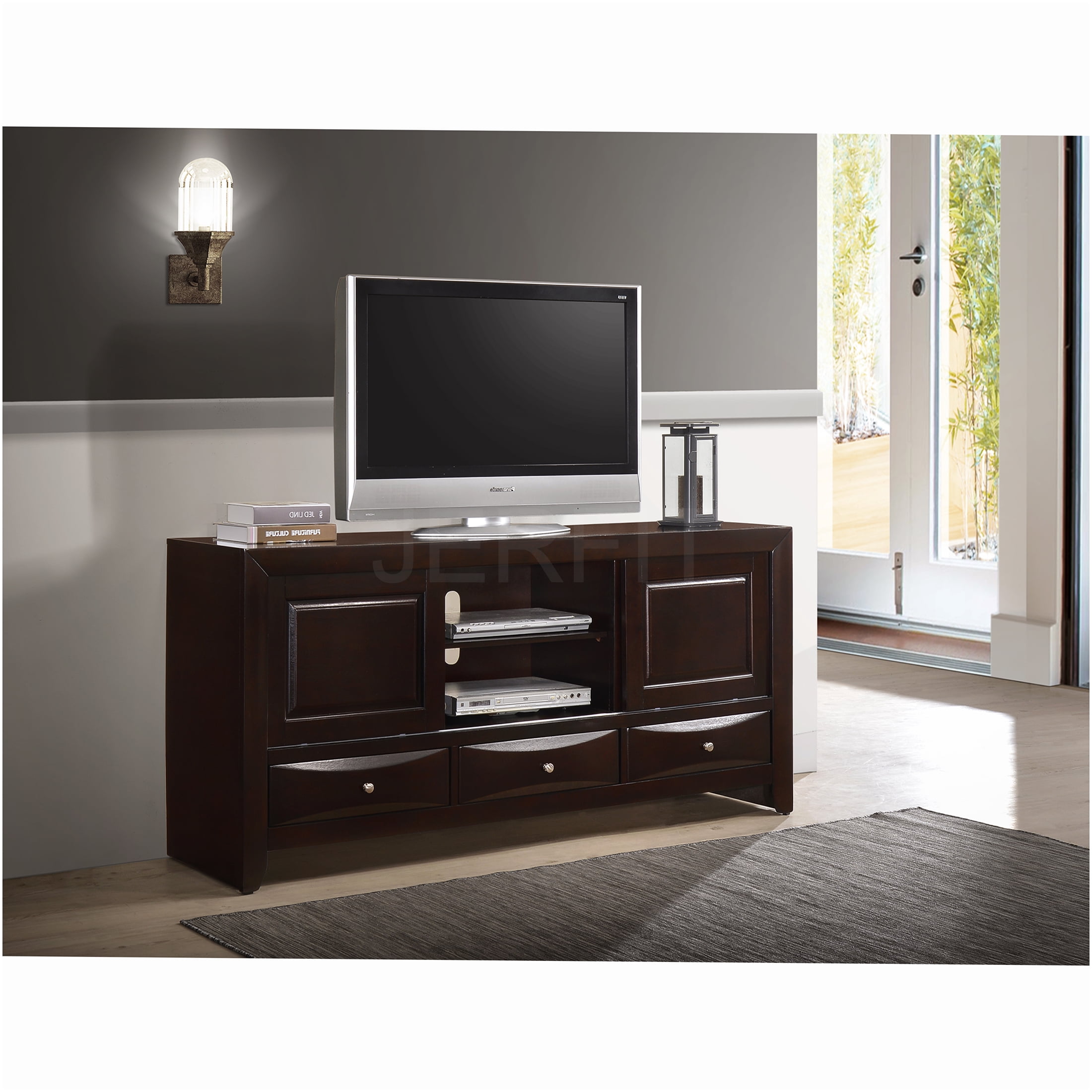 JERFIT 87 Inch Modern TV Stand with 3 Drawers & Open Shelf, Dark Cherry ...