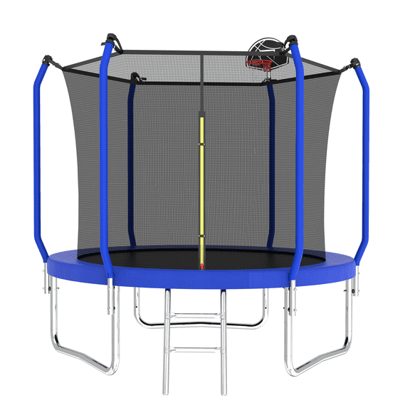 JERFIT 8FT Kids Trampoline with Basketball Hoop, Safety Enclosure Net, Outdoor Jumping Toy for Backyard, Blue