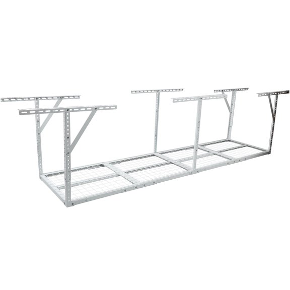 JERFIT 8FT Overhead Garage Ceiling Storage Rack, Heavy Duty 450LB Capacity Steel Organizer System, White, Adjustable Loft Shelf for Seasonal Items