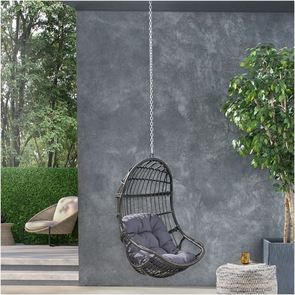 JERFIT 8ft Chain Hanging Basket Chair Swing for Porch, Patio, Indoor Outdoor Use, Gray Wicker Rattan with Water Resistant Cushion
