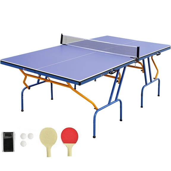 JERFIT 8ft Foldable Ping Pong Table Set with Paddles, Balls & Net, Indoor Outdoor MDF Top Table Tennis Table for Training & Games, Blue/Orange