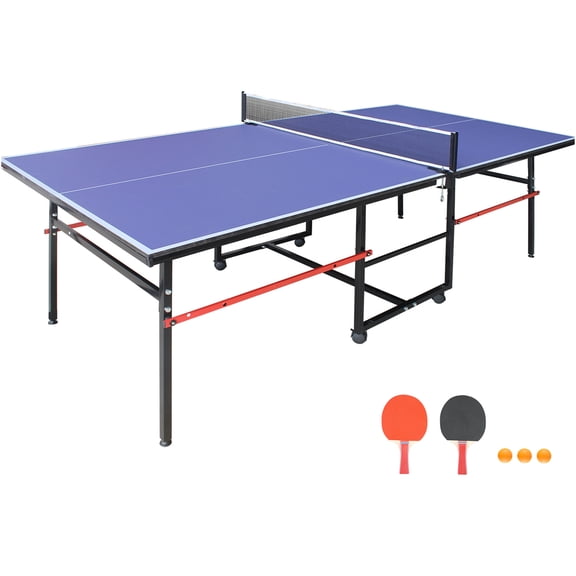 JERFIT 8ft Portable Ping Pong Table Set, Foldable MDF Surface Indoor Game Table with Net, Paddles & Balls, Blue