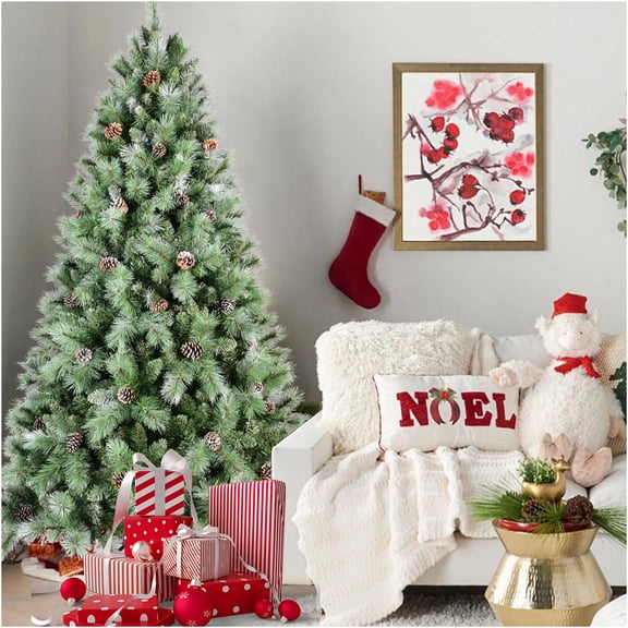 JERFIT 8ft Pre-Lit Christmas Tree with Pine Cones, 1858 Realistic Mixed Branch Tips, Hinged PVC Tree for Easy Setup, Full Holiday Tree with Metal Stand