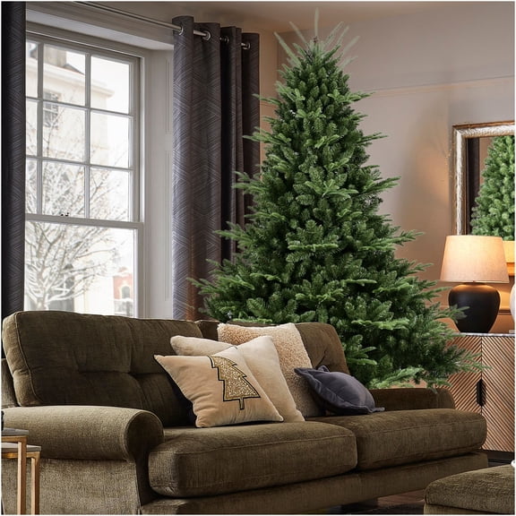 JERFIT 8ft Pre-Lit Christmas Tree with Hinged Branches, Full PVC Artificial Holiday Tree with 2673 Tips, Metal Stand for Large Room Decor