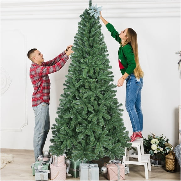 JERFIT 8ft Premium Pre-Lit Hinged PVC Christmas Tree with 1136 Tips, Metal Stand for Home Office Apartment Holiday Decor