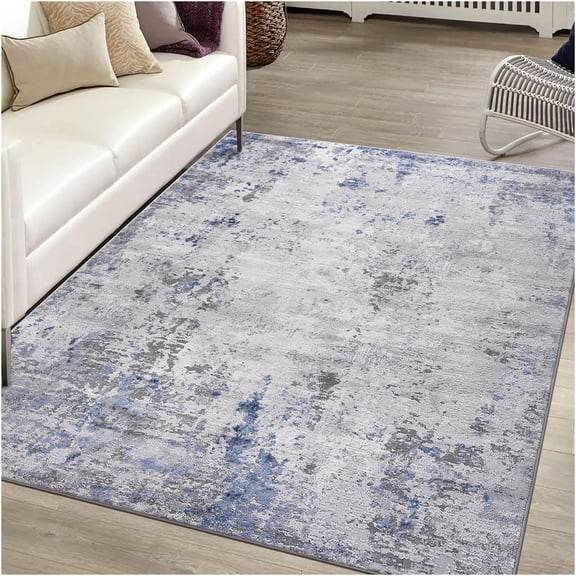 JERFIT Modern Abstract Area Rug 8x10 Silver Polyester Stain-Resistant Non-Shedding Soft Indoor Carpet for Living Room Bedroom Dining Office