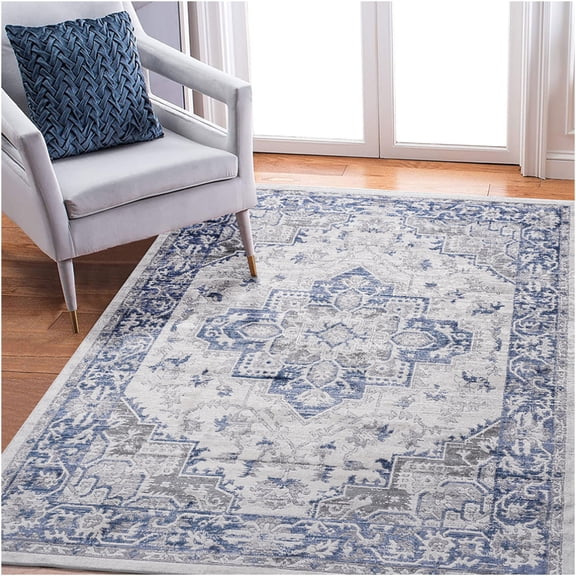 JERFIT 8x10 Area Rug Blue Grey Oriental Design, Stain Resistant Non-Shedding Polyester Carpet for Living Room Bedroom