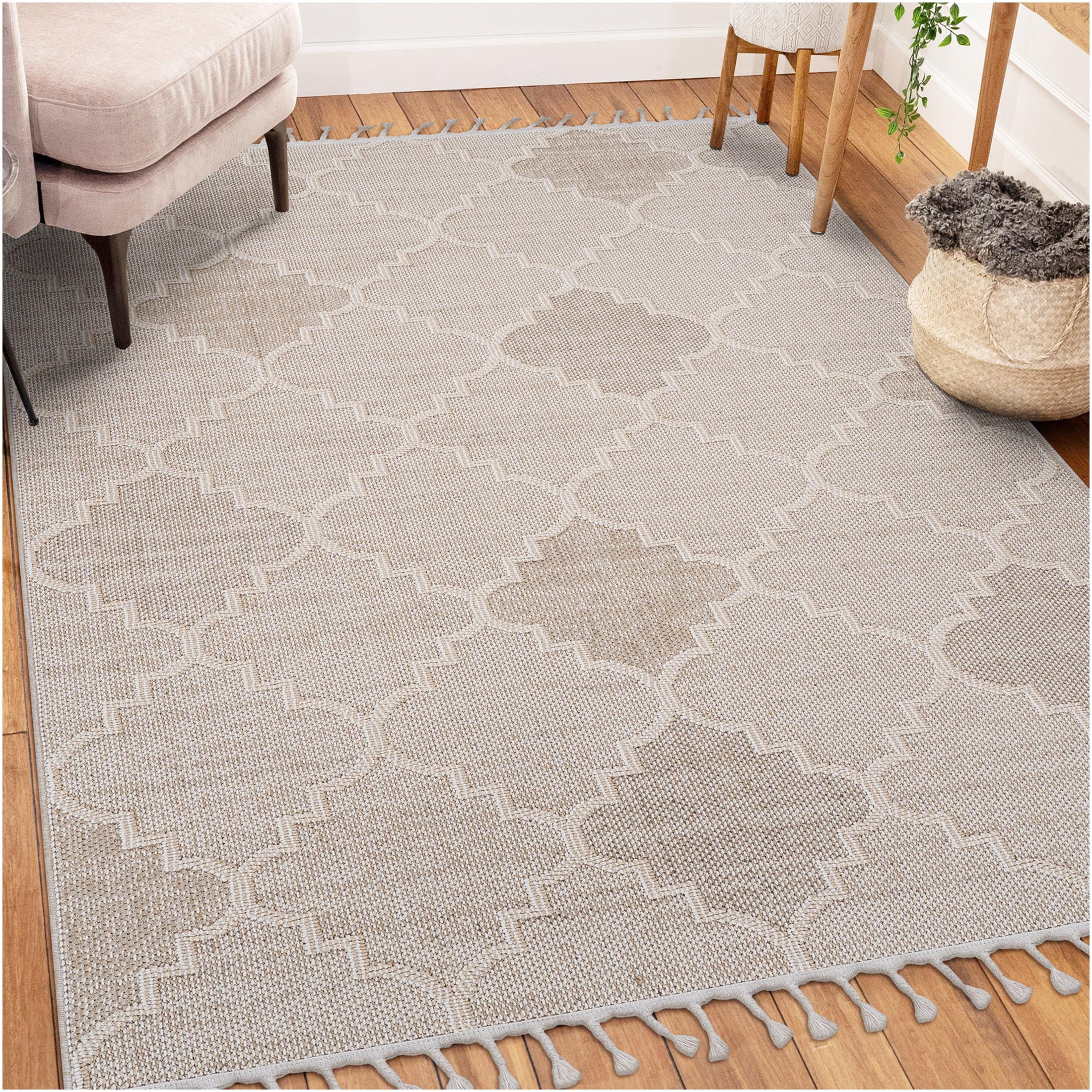 JERFIT 8x10 Cream Trellis Indoor Outdoor Rug, Non-Shedding Stain Resistant Low Pile Area Carpet for Living Room Bedroom