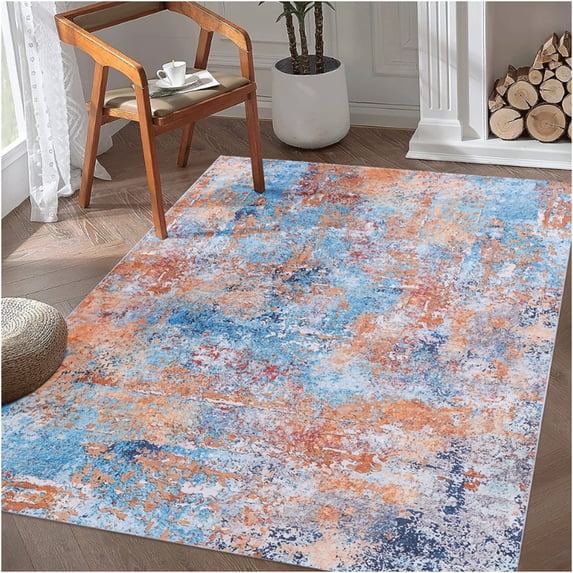 JERFIT 8x10 Washable Area Rug Non-Slip Low Pile, Multi Color Polyester Indoor Rug for Living Room Bedroom Kitchen, Pet Friendly Non-Shedding Foldable Carpet