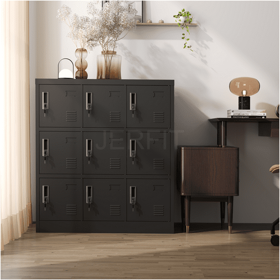 JERFIT 9-Door Heavy Duty Metal Locker with Card Slots, Secure Storage Cabinet for Office, Gym, School, Home, Commercial Use, Black