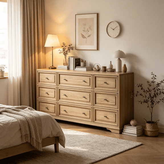 JERFIT 9-Drawer Hickory Wood Dresser with Cedar Lining, Almond Finish Bedroom Storage Chest