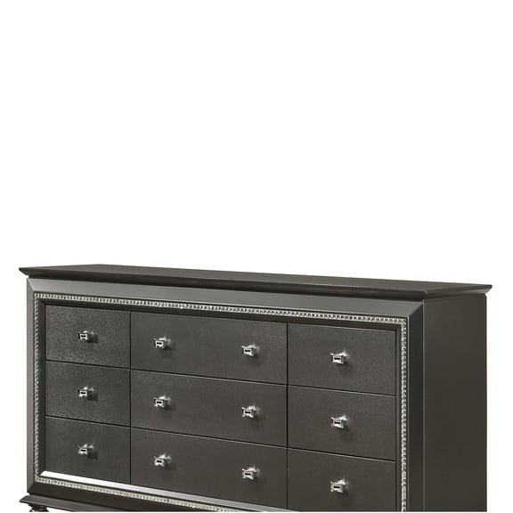 JERFIT 9-Drawer Sparkling Crystal Accent Dresser, Silver Grey Chest with Embossed Texture, Luxury Bedroom Storage Furniture