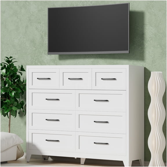 JERFIT 9-Drawer White Metal Dresser, Tall Storage Cabinet with Smooth Gliding Drawers, Space-Saving Chest for Bedroom & Living Room Organization