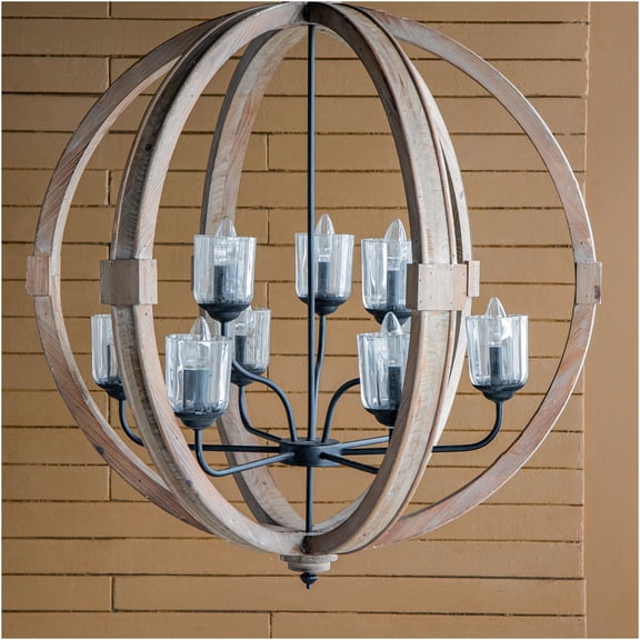 JERFIT 9-Light Farmhouse Chandelier, Wood Hanging Light Fixture with Adjustable Chain for Kitchen Island, Dining Room, Entryway, No Bulbs Included