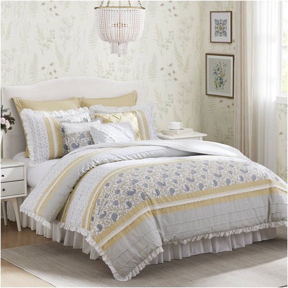 JERFIT 9-Piece California King Comforter Set - Yellow Shabby Chic Farmhouse Bedding with Ruffles & Decorative Pillows