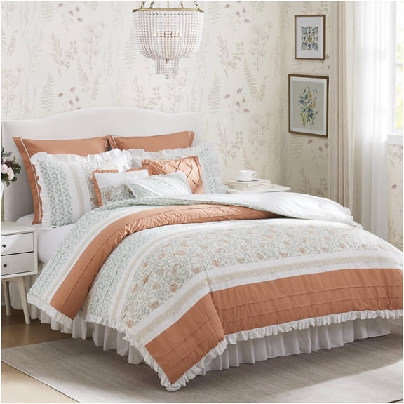 JERFIT 9-Piece Coral Comforter Set, California King, Farmhouse Chic Bedding with Ruffled Flange & Decorative Pillows