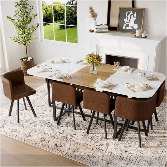 JERFIT 9-Piece Dining Table Set for 8 with White Faux Marble Wood Grain Tabletop and Brown Suede Upholstered Chairs, Modern Square Kitchen Table Set for Family Dining Room