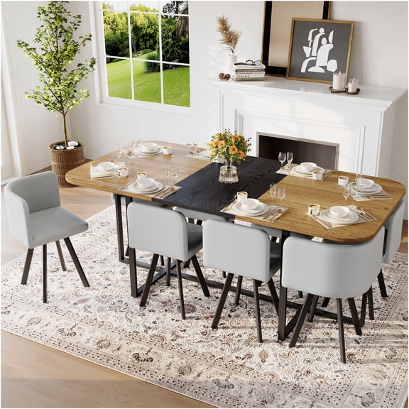 JERFIT 9-Piece Dining Table Set for 8, Modern Square Table with Gray Chairs, Two-Tone Wood Tabletop and Black Metal Frame for Kitchen Dining Room