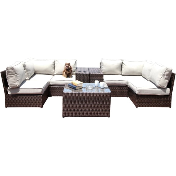 JERFIT 9-Piece Espresso Brown Outdoor Patio Sectional Set with Cushions & Glass Coffee Table, All-Weather Wicker Sofa Seating Group for 4