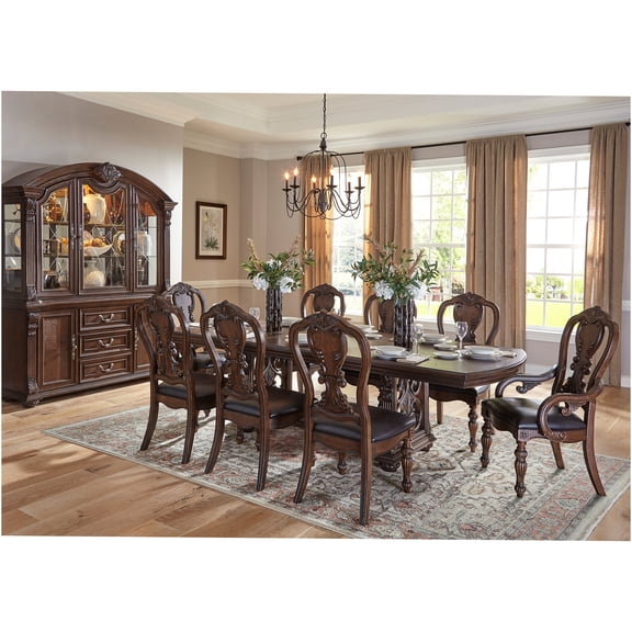 JERFIT 9-Piece Formal Dining Set with Extension Leaf Table, 8 Dark Oak Faux Leather Upholstered Chairs for Elegant Dining Room