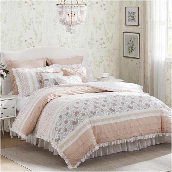 JERFIT 9-Piece King Comforter Set Blush, Farmhouse Chic Bedding with Ruffled Flange & Decorative Pillows, OEKO-TEX Certified Polyester Cotton Blend
