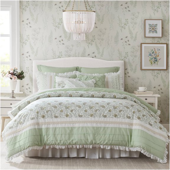 JERFIT 9-Piece King Comforter Set in Sage Green, 100% Cotton Percale Bedding with Floral Design, All-Season Luxury Bed Set with Shams & Bed Skirt