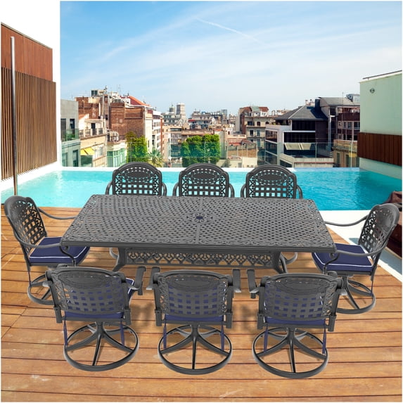 JERFIT 9-Piece Outdoor Dining Set with Swivel Chairs, All-Weather Cast Aluminum Patio Table and 8 Cushions for Garden, Black