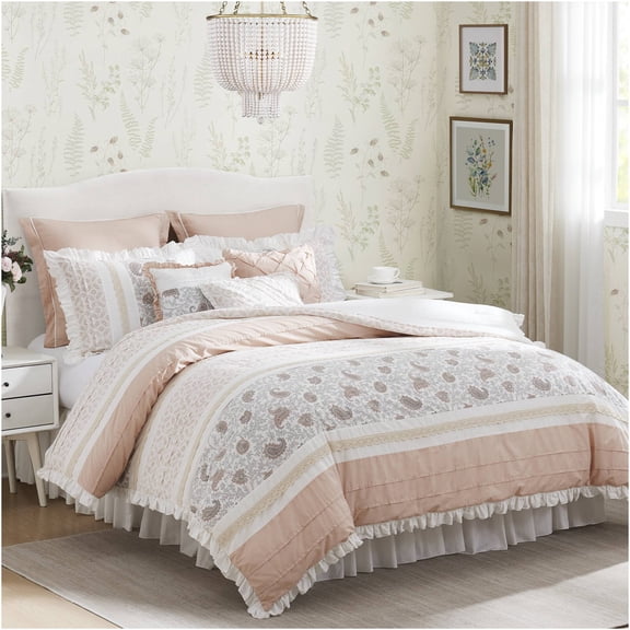 JERFIT 9-Piece Queen Comforter Set Blush Pink, Farmhouse Chic Bedding with Ruffles, Lace Trim, Decorative Pillows & Bed Skirt