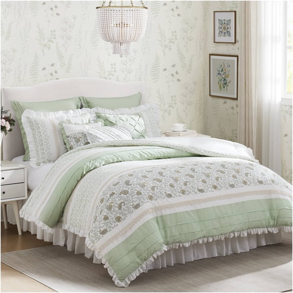 JERFIT 9-Piece Queen Comforter Set in Sage Green, All-Season Cotton Percale Bedding with Floral Design, Includes Comforter, Shams, Bed Skirt & Decorative Pillows