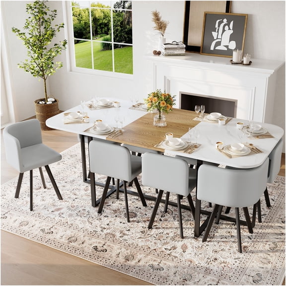JERFIT 9-Piece Square Dining Table Set for 8 with White Faux Marble and Wood Grain Tabletop, Gray PU Leather Chairs, Modern Kitchen Dining Room Furniture