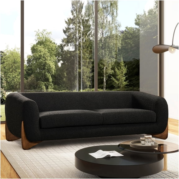 JERFIT 90.5 Inch Modern Boucle Fabric Sofa Couch with Sherpa Texture and Oak Legs for Living Room, Black