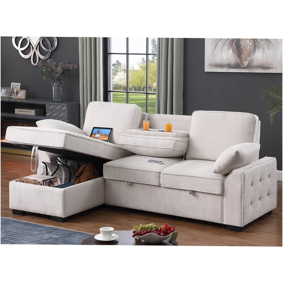 JERFIT 91" Beige Chenille Reversible Sleeper Sofa with Storage Chaise, Drop-Down Table, Cup Holders & Charging Ports