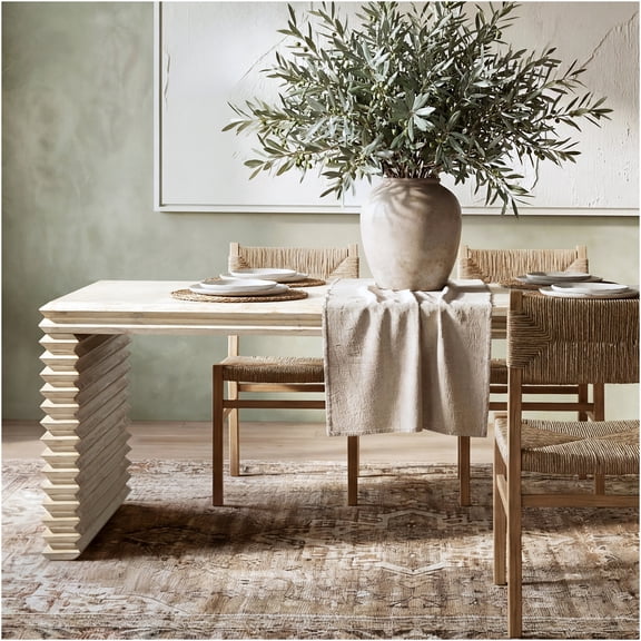 JERFIT 94 Inch White Reclaimed Wood Dining Table for 8, Farmhouse Waterfall Table with Geometric Base, Whitewash Finish, Modern Kitchen Table